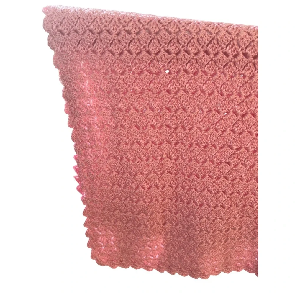 Handmade Pink Crochet Baby Blanket Shell Stitch Scalloped Edge Nursery Wrap